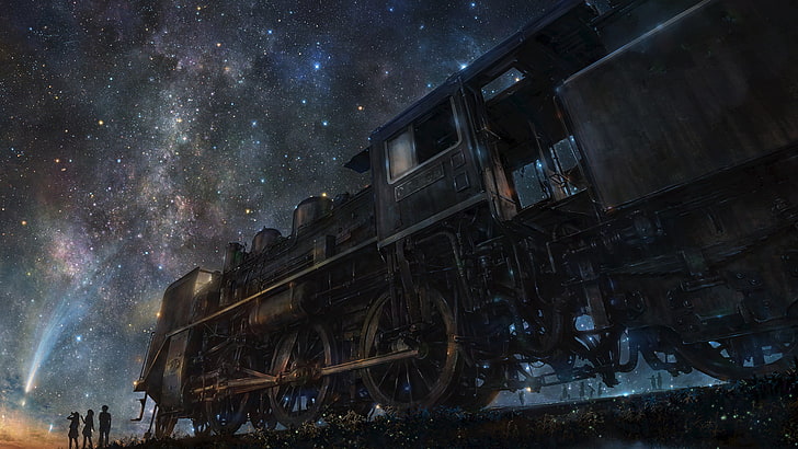silhouette de trois personnes devant le train papier peint, train, œuvres d'art, étoiles, chemin de fer, nuit, groupe de personnes, ciel, art numérique, art fantastique, espace, anime, Iy Tujiki, nuit étoilée, Fond d'écran HD