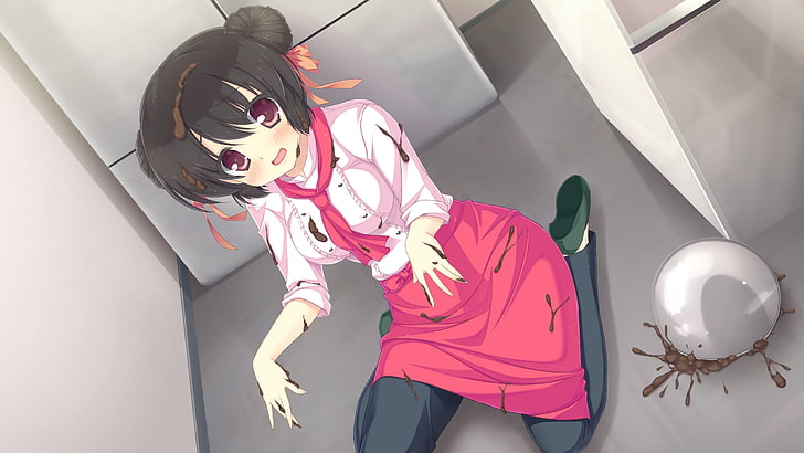 female anime character, mizu no miyako no patisserie, girl, brunette, apron, embarrassed, HD wallpaper