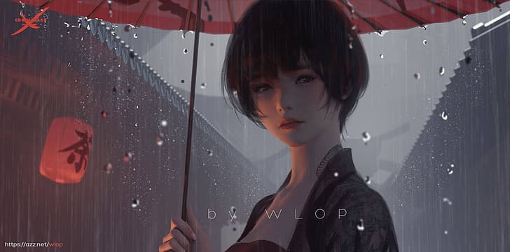WLOP, Ghost + Blade, garotas de anime, guarda-chuva, HD papel de parede