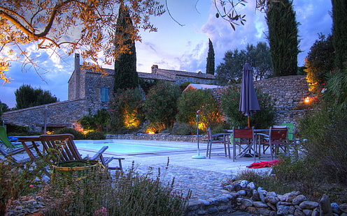 piscina blu, Valaurie, piscina, HDR, giardino, Sfondo HD HD wallpaper