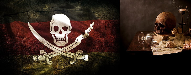 bajak laut, kolase, tengkorak, tulang, bendera, Wallpaper HD