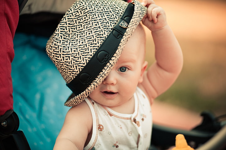 baby's white sleeveless top, baby, child, hat, HD wallpaper
