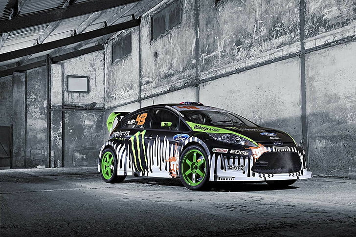 Car, Rally Cars, Ford Focus RS, black and green monster energy drink print racing car, car, rally cars, ford focus rs, HD wallpaper