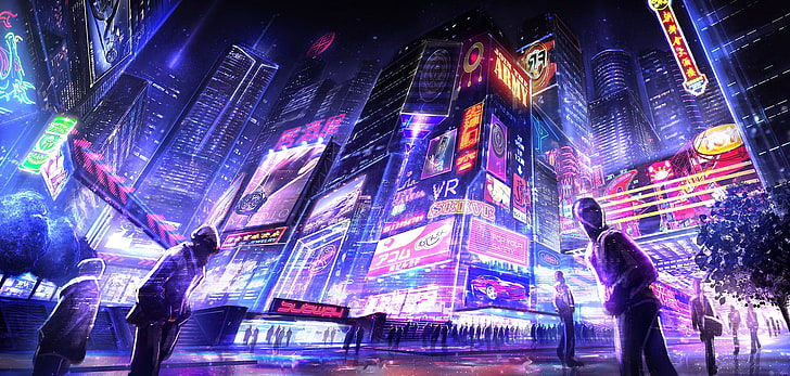 fotografía de ángulo bajo de edificios de gran altura en la noche, cyberpunk, futurista, neón, Fondo de pantalla HD