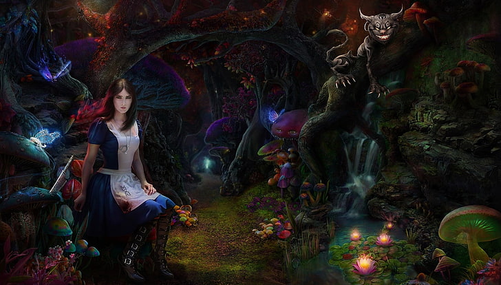 white and blue dress anime character, forest, cat, girl, mushrooms, thicket, art, Alice Madness Returns, Cheshire, HD wallpaper