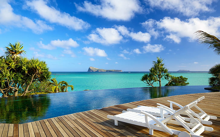 Océan indien tropical, 2 chaises longues en bois blanc, île Maurice, océan Indien, détente, terrasse, chaises, tropical, paradis, plage, soleil, vacances, Fond d'écran HD
