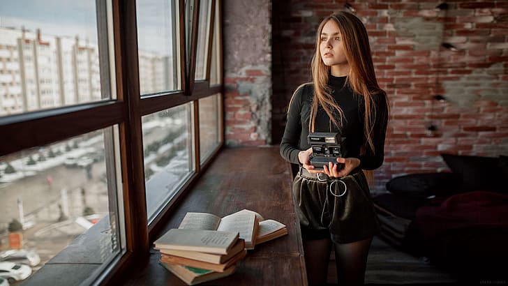 look, girl, books, window, the camera, Polaroid, Alexey Yuriev, HD wallpaper