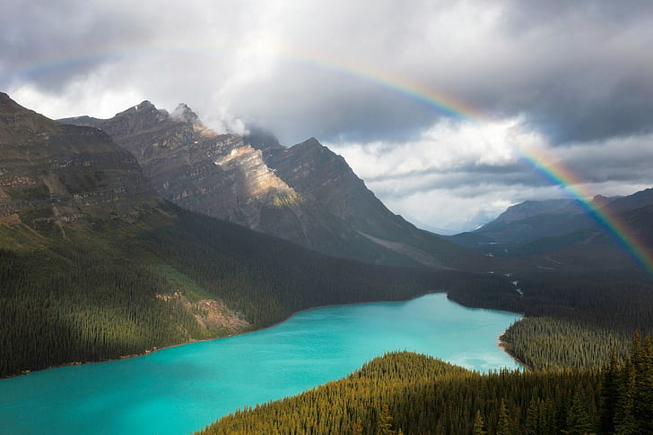 nature, landscape, rainbows, lake, mountains, forest, overcast, sunlight, trees, turquoise, water, Banff National Park, Canada, HD wallpaper