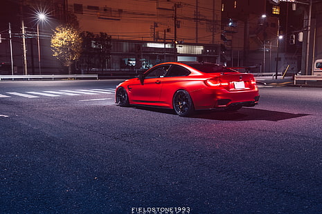 รถยานพาหนะรถสีแดง BMW M4 BMW ถนนกลางแจ้งกลางคืน, วอลล์เปเปอร์ HD HD wallpaper