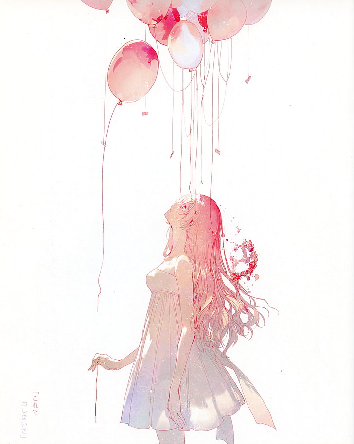 девушка держит воздушный шар цифровые обои, вокалоид, мегурин лука, длинные волосы, белое платье, воздушный шар, плачет, цветы, аниме девушки, аниме, HD обои, телефон обои