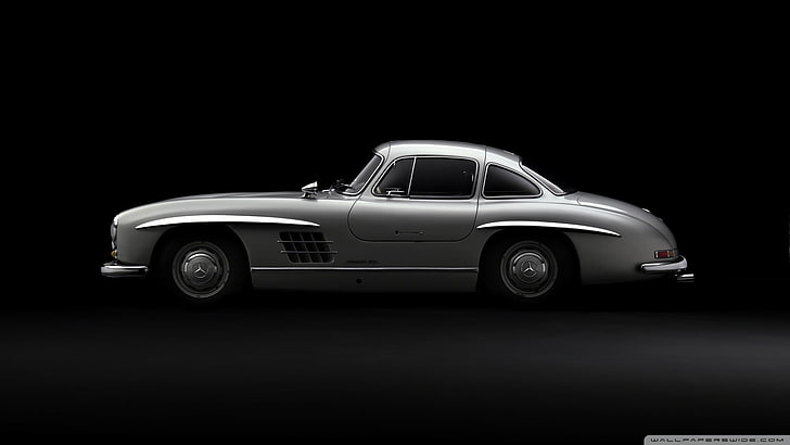 classic silver coupe, Mercedes-Benz, Mercedes-Benz 300SL, car, black background, silver cars, vehicle, HD wallpaper