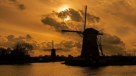 вечер, оранжево небе, Европа, пейзаж, вода, последващо светене, здрач, холандски, спокойствие, световно наследство, залез, световно наследство на ЮНЕСКО, Холандия, мелница, Киндърдейк, облак, небе, вятърна мелница, Холандия, HD тапет HD wallpaper