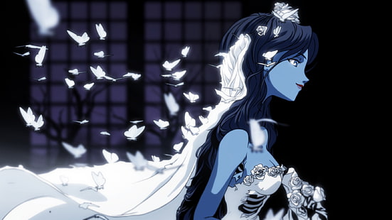 butterfly, flowers, white, dress, art, profile, veil, wedding dress, ribs, Corpse Bride, HD wallpaper HD wallpaper