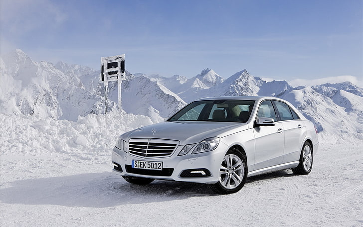 gris Mercedes-Benz E-Class, invierno, nieve, montañas, máquina, naturaleza, Mercedes, auto, mercedes-benz e clase 4matic, Fondo de pantalla HD