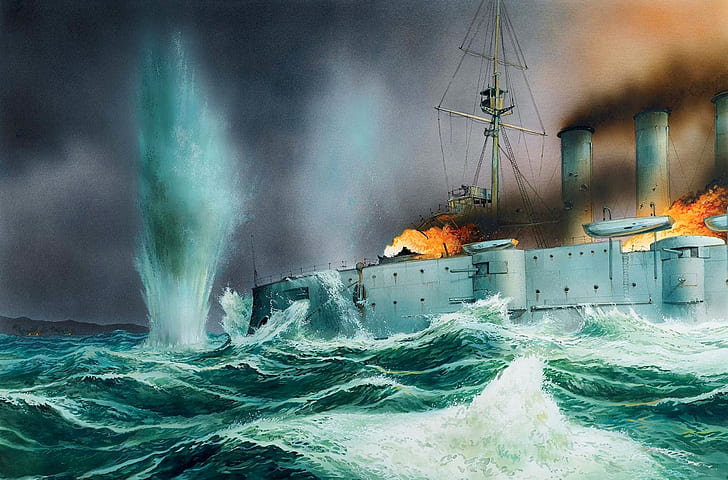 море, волна, фигура, взрывы, арт, Чили, британцы, WW1, броненосный крейсер, корабль смерти, Good Hope (Доброй Надежды), битва в порту Коронель, столпы пламени, 1 ноября 1914 г., HD обои