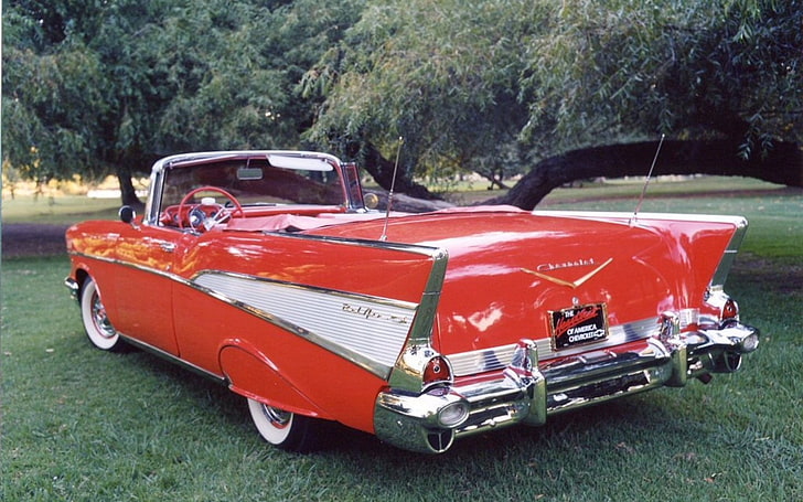 klassisk röd och vit cabriolet coupe, Chevrolet, 1957 Chevrolet, bel air, bil, Cabriolet, HD tapet
