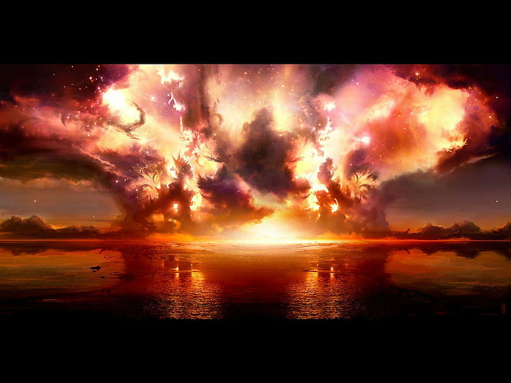 Water Clouds Red Stars Bright HD Pictures, orange explosion, bright, clouds, pictures, stars, water, HD wallpaper