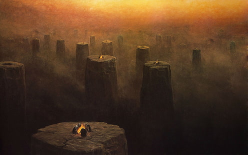 pillars with campfire on top, Zdzisław Beksiński, dark, HD wallpaper HD wallpaper