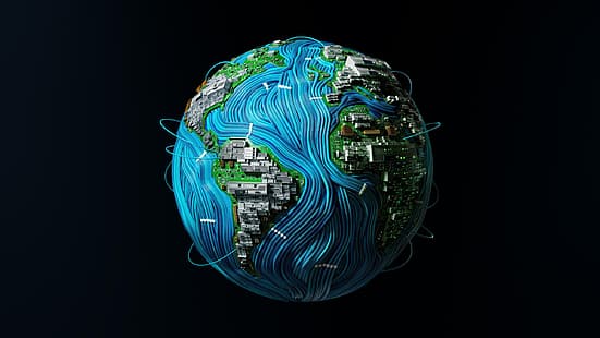 Bumi, sirkuit, papan sirkuit, kabel, PCB, benua, samudera atlantik, 3D, karya seni, Wallpaper HD HD wallpaper