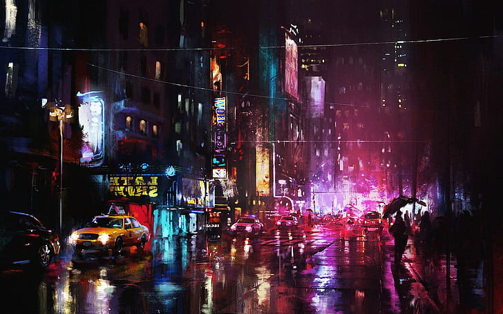 Art painting, night, city, street lights, Art, Painting, Night, City, Street, Lights, HD wallpaper