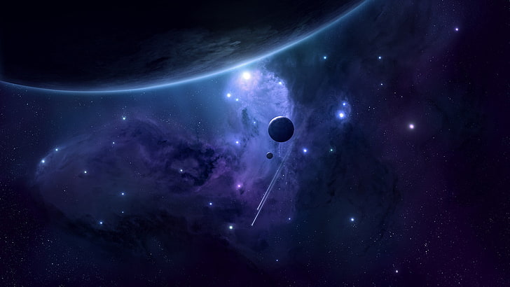 ilustrasi benda langit, ruang angkasa, JoeyJazz, planet, ungu, seni luar angkasa, bintang jatuh, seni digital, Bulan, render, biru, bintang, Wallpaper HD