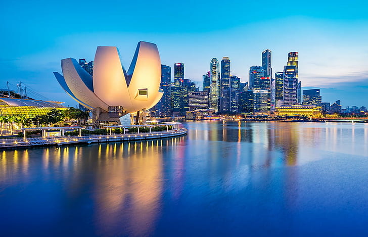 view of building skyline and sea coast, MG, web, ArtScience Museum, Marina Bay, skyline, Singapore, view, building, sea coast, travel, architecture, colour, city, urban  light, light  blue, blue hour, scape, water, HDR, Canon 6D, EF, best, iconic, picturesque, postcard, cityscape, night, urban Skyline, skyscraper, downtown District, reflection, dusk, river, famous Place, urban Scene, tower, HD wallpaper