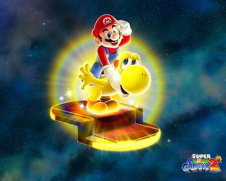 Super Mario Galaxy 2-affisch, super mario galax, mario, dinosaurie, gul, yoshi, HD tapet