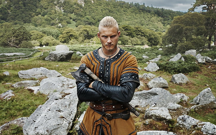 men bjrn ironside alexander ludwig blonde actor tv vikings tv series axes traditional clothing, HD wallpaper
