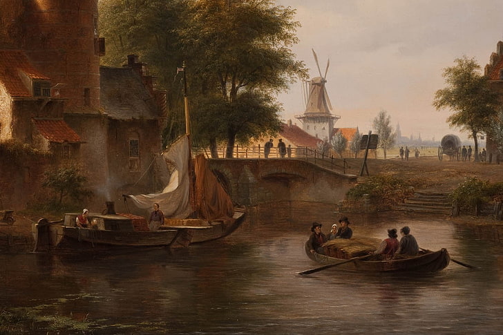 zwei Segelboote malen, malen, Boot, Windmühle, Brücke, Haus, Schritte, klassische Kunst, HD-Hintergrundbild
