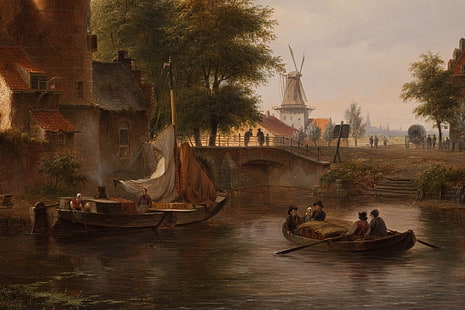 zwei Segelboote malen, malen, Boot, Windmühle, Brücke, Haus, Schritte, klassische Kunst, HD-Hintergrundbild HD wallpaper