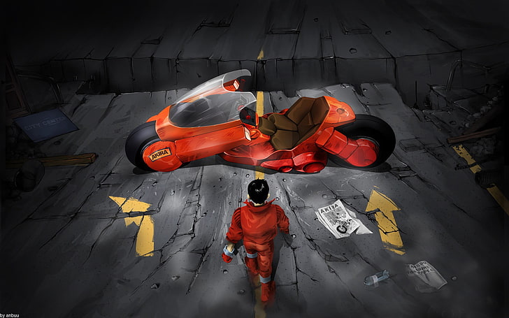 Mann in der Nähe von roten Motorrad digitale Tapete, Anime, Akira, rot, Kunstwerk, HD-Hintergrundbild