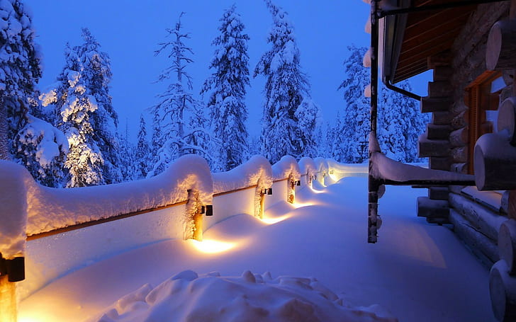 winter, snow, hut, lights, trees, HD wallpaper