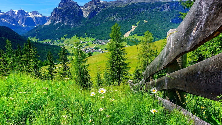 Landschaft, Tal, Stadt, Hügel, Berge, Bäume, Zaun, HD-Hintergrundbild