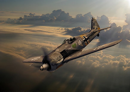 brun stridsflygplan, himlen, moln, figur, fighter, konst, tyska, Fw 190, Focke-Wulf, WW2, strålar. solen, HD tapet HD wallpaper
