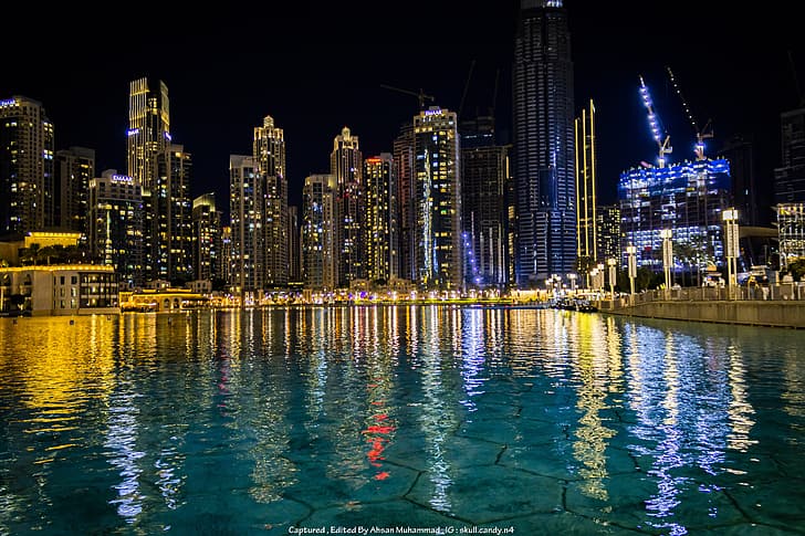 Burj Khalifa, Dubai, downtown, night, long exposure, dubai mall, water, reflects, reflection, Skullcandy, HD wallpaper