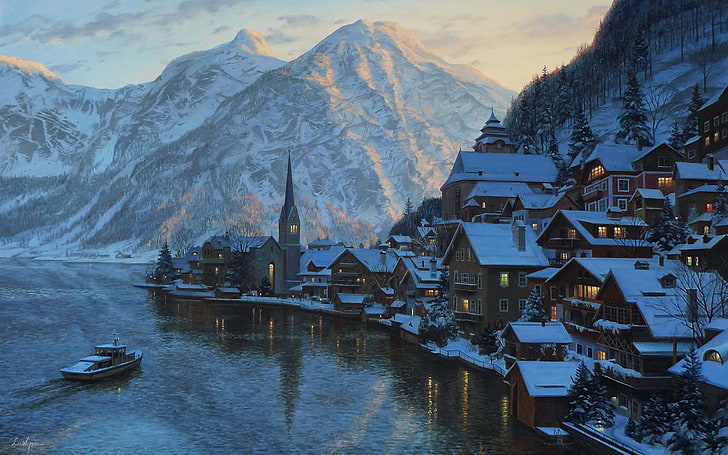 houses near body of water painting, winter, snow, landscape, sunset, mountains, lake, mountain, home, the evening, Austria, ate, Alps, boat, painting, chapel, evening, houses, village, Hallstatt, town, Eugeny Lushpin, Lushpin, Lake Hallstatt, Eugene lushpin, Salzburg, HD wallpaper