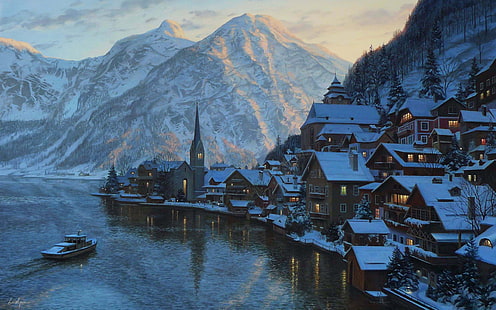 houses near body of water painting, winter, snow, landscape, sunset, mountains, lake, mountain, home, the evening, Austria, ate, Alps, boat, painting, chapel, evening, houses, village, Hallstatt, town, Eugeny Lushpin, Lushpin, Lake Hallstatt, Eugene lushpin, Salzburg, HD wallpaper HD wallpaper