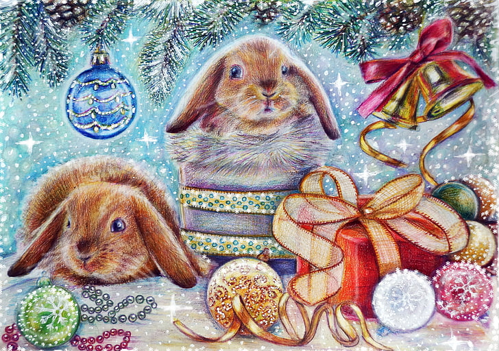 rabbit clip art, winter, animals, snow, holiday, gift, toy, tree, new year, hare, Christmas, bell, HD wallpaper