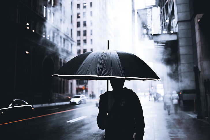 black umbrella, photo of person using umbrella passing high rise buildings, umbrella, cityscape, mist, rain, silhouette, depth of field, Toronto, Canada, HD wallpaper