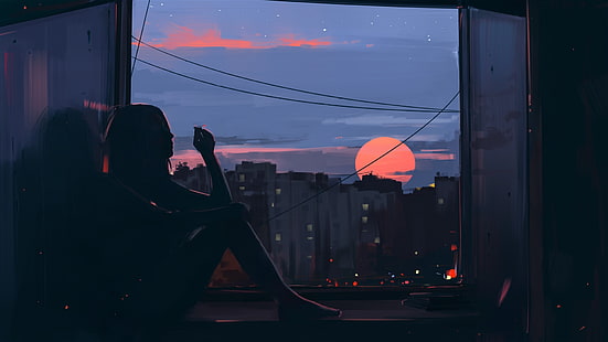 szary betonowy budynek, kobieta siedząca przy oknie z widokiem na zachód słońca, kobiety, ciemne, okno, zachód słońca, miasto, palenie, boso, dzieło sztuki, kobiety w domu, Aenami, papierosy, Tapety HD HD wallpaper