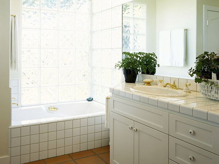 white bathtub, bathroom, sink, flowers, tiles, HD wallpaper