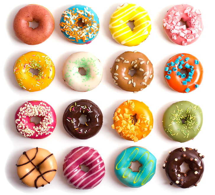 assorted flavor donuts, colorful, donuts, dessert, cakes, sweet, glaze, HD wallpaper