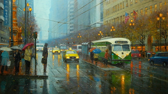 город, городской пейзаж, дождь, винтаж, Сан-Франциско, HD обои HD wallpaper
