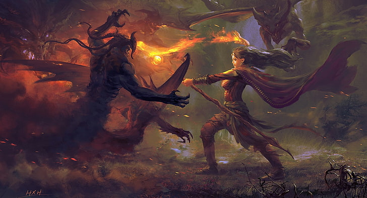 woman holding flaming sword fighting demon painting, girl, fire, magic, art, staff, battle, demons, HD wallpaper