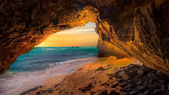 cave, turks and caicos islands, beach, rock, sea, landscape, sunset, HD wallpaper HD wallpaper