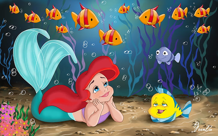 mar, pescado, algas, infancia, dibujos animados, sirena, cuento, la belleza, princesa, niño, Ariel, película, fanart, Walt Disney, Sirenita, pez luna, cuento de hadas, La sirenita, niña bonita, Fondo de pantalla HD