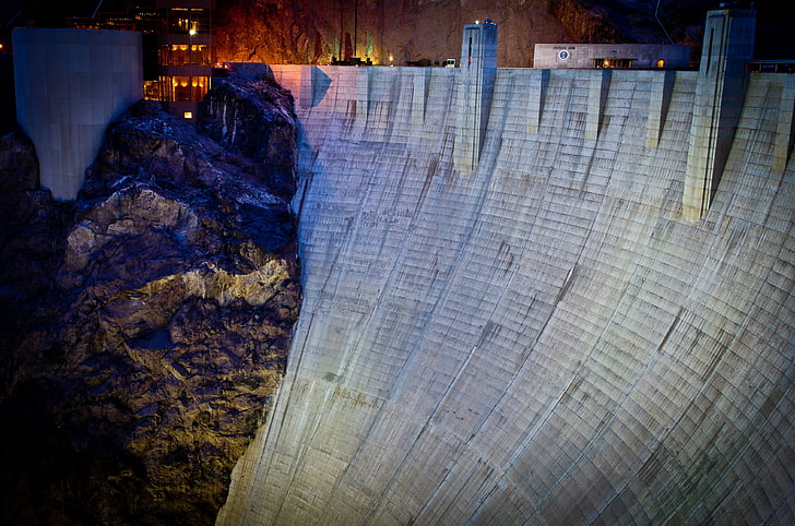 dam die-cast model, nature, architecture, rock, dam, concrete, Hoover Dam, Nevada, Arizona, USA, night, lights, building, HD wallpaper