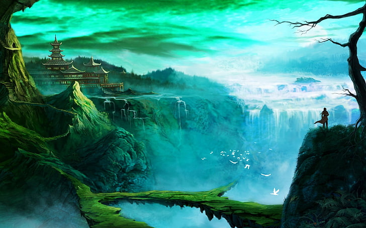 Person steht in der Nähe fällt digitale Tapete, Fantasy-Kunst, Tempel, Wasserfall, HD-Hintergrundbild