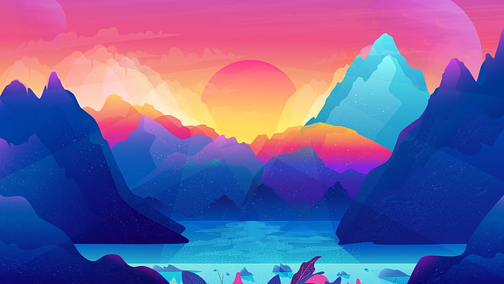 lukisan abstrak biru dan merah, seni digital, pegunungan, matahari terbenam, cyan, pink, Wallpaper HD