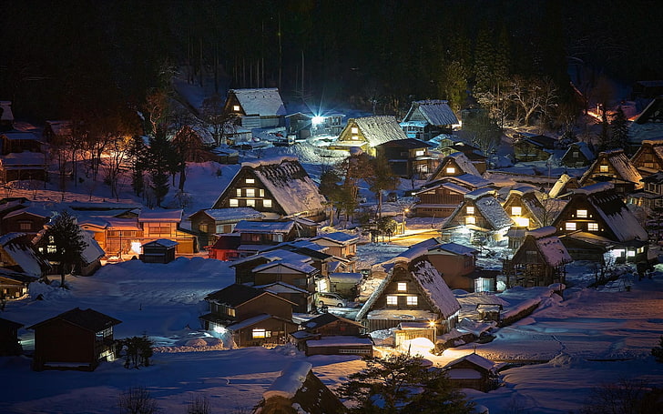 кафяво-бели къщи, пейзаж, природа, село, светлини, Япония, сняг, зима, нощ, дървета, къща, Shirakawa-go, HD тапет